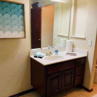 A clean bathroom vanity with a sink, mirror, and wall art.