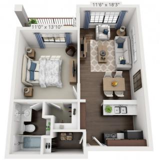 A 3D floor plan of a one-bedroom apartment with a living room, kitchen, bathroom, and balcony.
