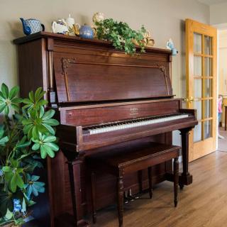 A wooden upright piano decorated with plants and ornaments in a cozy room.