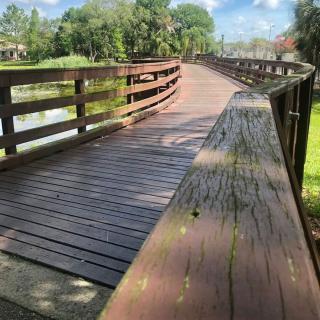 A wooden bridge curves over a serene landscape under a bright blue sky.