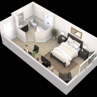 A 3D rendering of a bedroom and bathroom floor plan with furniture arrangements.