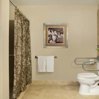 An accessible bathroom with a shower curtain, wall art, and towel rack.