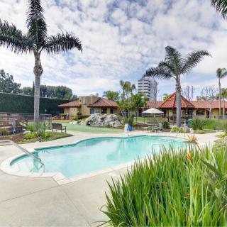 A serene outdoor pool area surrounded by palm trees and resort-style amenities on a sunny day.