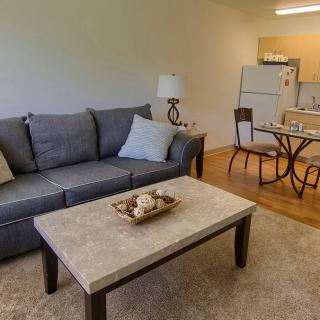 A cozy apartment living space featuring a comfortable sofa, coffee table, and an adjoining dining area with a kitchen in the background.