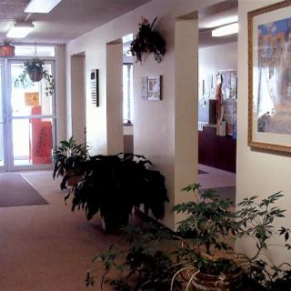 A decorated hallway in an office building with plants and framed artwork.