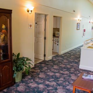 A well-lit hallway with floral carpeting and decorative elements.