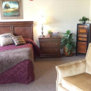 A cozy bedroom featuring a wooden bed, armchair, nightstand, and decorative plants.