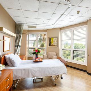 A bright and well-decorated hospital room with a single patient bed, an armchair, and a vase of flowers by the window.
