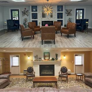A comparison of two distinct living room styles, showcasing different furniture arrangements and color schemes.
