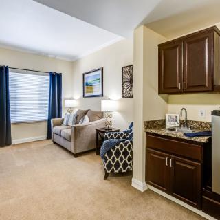 A cozy living room with a comfortable sofa, armchair, and a small kitchenette area.