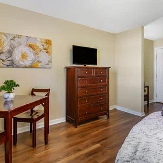 A cozy bedroom with a wooden dresser, small table and chairs, a television, and decorative elements like a painting and a plant.