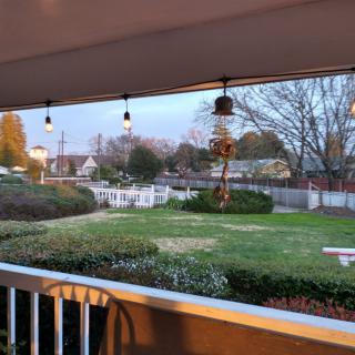 A peaceful backyard view from the porch with string lights and a well-kept lawn.