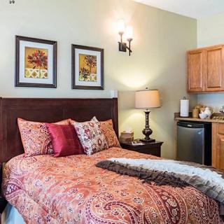 Cozy bedroom with a patterned bedspread, wall art, and a kitchenette area.