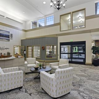 A modern lobby with comfortable seating and elegant interior design.