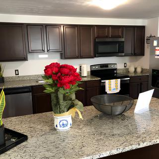 A modern kitchen with granite countertops and dark cabinetry, featuring decorative flowers and appliances.