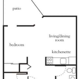 A floor plan of a one-bedroom apartment featuring a kitchenette, living/dining room, bathroom, and patio.