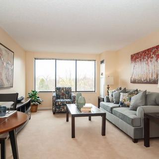 A cozy living room with modern furniture and large windows.