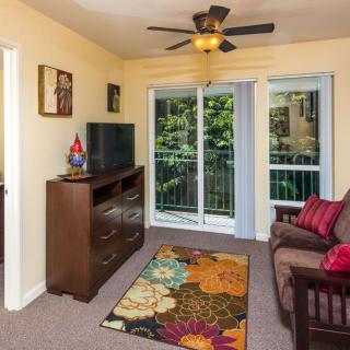 A cozy living room with a sofa, TV, decorative rug, and access to a balcony through glass doors.