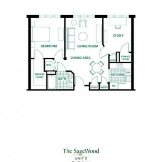 Floor plan of a one-bedroom apartment with study, living room, kitchen, and bathroom.