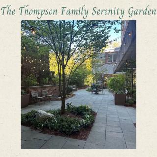 The Thompson Family Serenity Garden features a tranquil outdoor space with trees and seating areas.