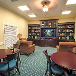 Cozy living room with a library and television setup.