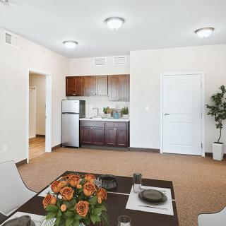 A modern apartment interior featuring a small kitchen and dining area with elegant decor.