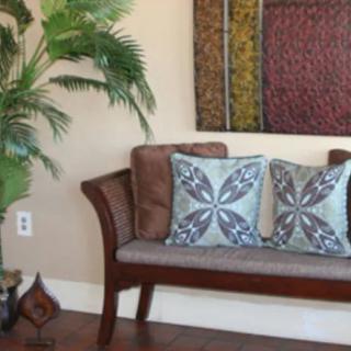 A cozy seating area with a wooden sofa adorned with patterned pillows, complemented by a lush potted plant and traditional artwork on the wall.