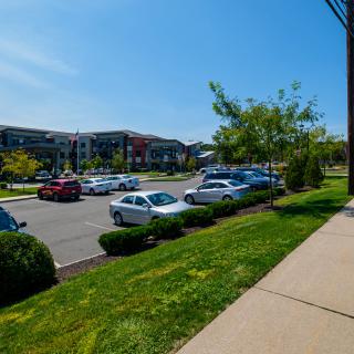 A sunny day view of a parking lot with several cars, surrounded by buildings, trees, and a sidewalk.