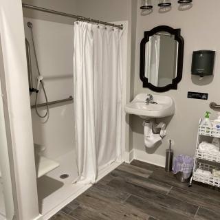 An accessible bathroom with a shower, sink, and various amenities.