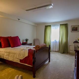 A cozy bedroom with a wooden bed, red pillows, and green curtains.
