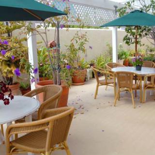 A cozy outdoor patio area with tables, chairs, and umbrellas surrounded by lush plants and flowers.