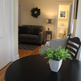 A cozy living and dining area with modern decor and a touch of greenery.