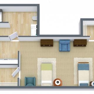 A 3D floor plan layout showcasing room arrangements and furniture placement.