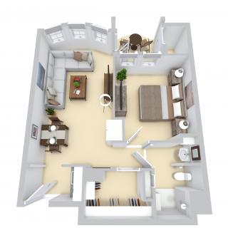 A 3D floor plan of an apartment showing the layout of a living room, bedroom, kitchen, and bathroom.