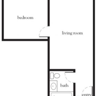 A simple floor plan of a one-bedroom apartment with a living room and bathroom.
