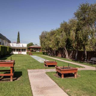A peaceful courtyard with a grassy area, surrounded by trees and buildings, featuring benches and a paved pathway.