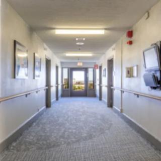 A brightly lit hallway with several doors, featuring framed pictures on the walls and a carpeted floor.