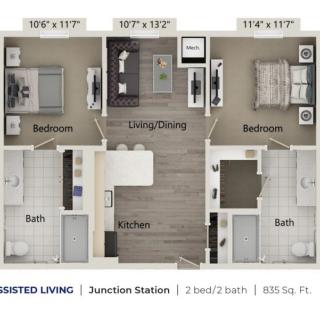 Floor plan of a two-bedroom, two-bathroom apartment with living and dining areas.