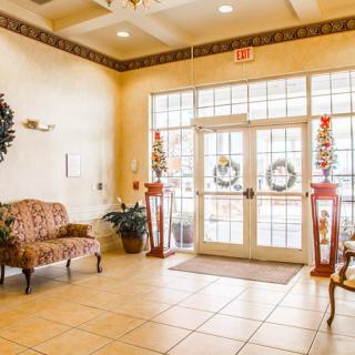 A welcoming lobby area with seating and decor near the entrance.
