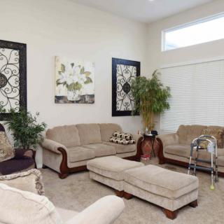 A well-decorated living room with comfortable sofas, artwork on the walls, and indoor plants.