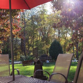 A sunlit patio with chairs and a red umbrella overlooking a tree-filled autumn landscape.