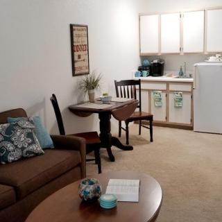 A cozy apartment living space with a small kitchen and comfortable seating area.
