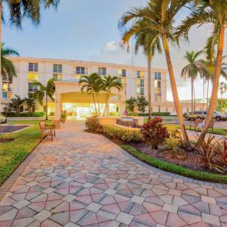 A welcoming hotel exterior with a landscaped pathway lined with palm trees leading to the entrance.