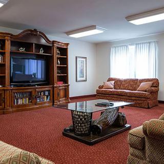 A cozy living room with a large wooden entertainment center, sofas, and a glass coffee table on red carpeting.