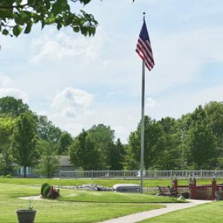 A serene view of a U.S. flag proudly flying amidst a park setting, surrounded by lush greenery.