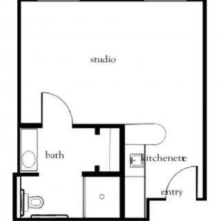 A floor plan of a studio apartment featuring a main living area, bathroom, kitchenette, and entry.