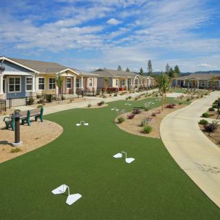 A community with a well-maintained green pathway and attractive landscaping.