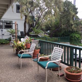 A cozy patio with potted plants and chairs overlooking a garden.