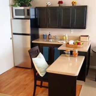 A modern kitchen with sleek black cabinets and a compact layout.
