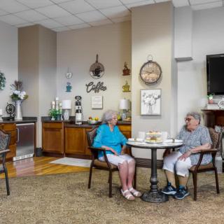 Two elderly individuals seated at a table in a cozy indoor setting, engaging in conversation.